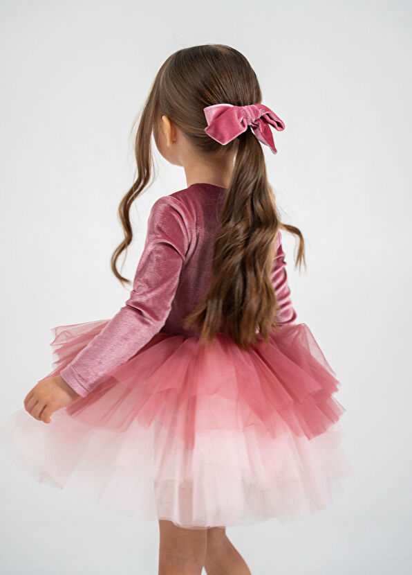 Mini Celebrities Gül Kurusu Kadife Tütülü Uzun Kollu Kız Çocuk Elbise - 4