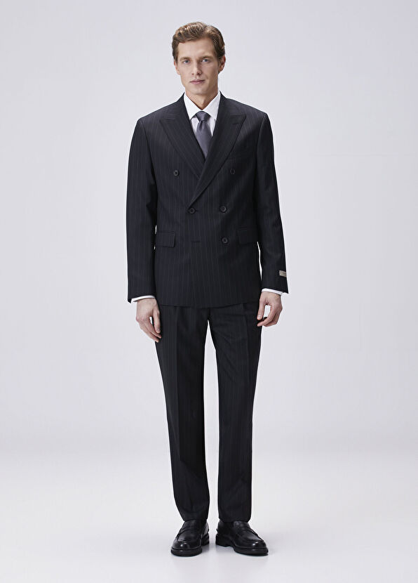 Drop 8 Siyah Çizgili Yün Kruvaze Takım Elbise - Görsel 3
