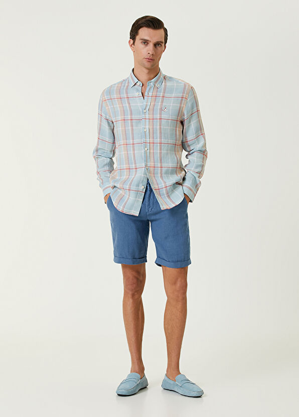 Beymen Club Comfort Fit Mavi Turuncu Ekoseli Keten Gömlek - 3