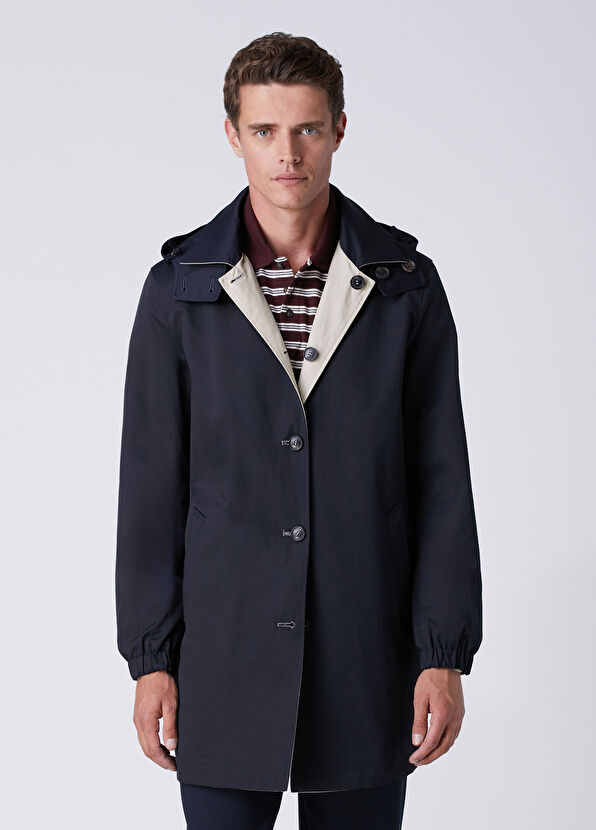 Beymen Club Navy Blue Beige Hooded Reversible Overcoat - 2