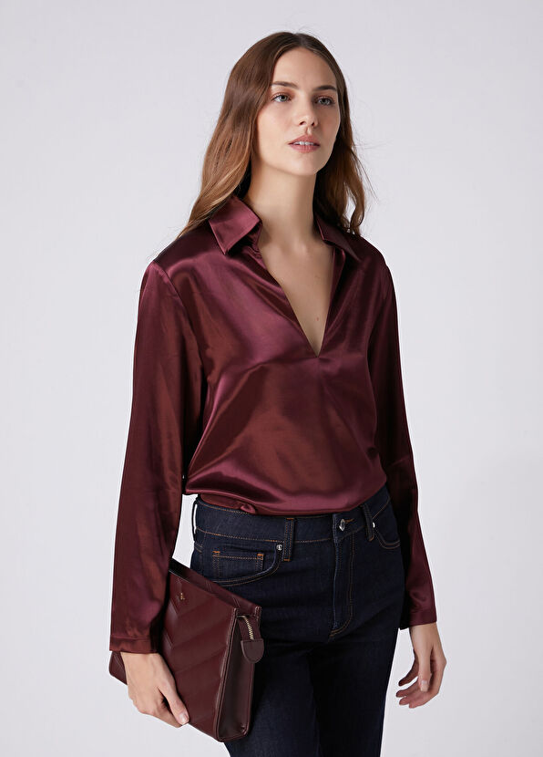 Beymen Club Burgundy Polo Satin Blouse - 4