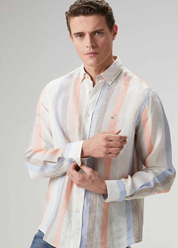 Beymen Club Comfort Fit Mink Stripe Linen Shirt - 4