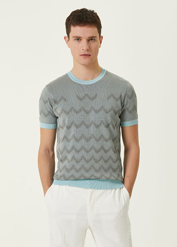 Pal Zileri Short Sleeve Silk Knitwear With Light Blue Geometr - 1