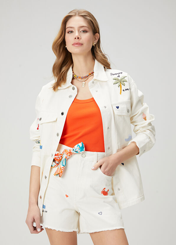 Beymen Club Off-White Embroidered Oversize Denim Jacket - 1