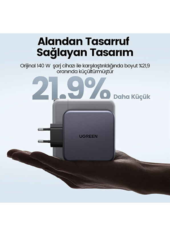 Ugreen Nexode GaN 3 Portlu 2xUSB-C, 1xUSB-A QC 4.0 PD 3.1 Uzay Grisi 140W Hızlı Şarj Cihazı - 2
