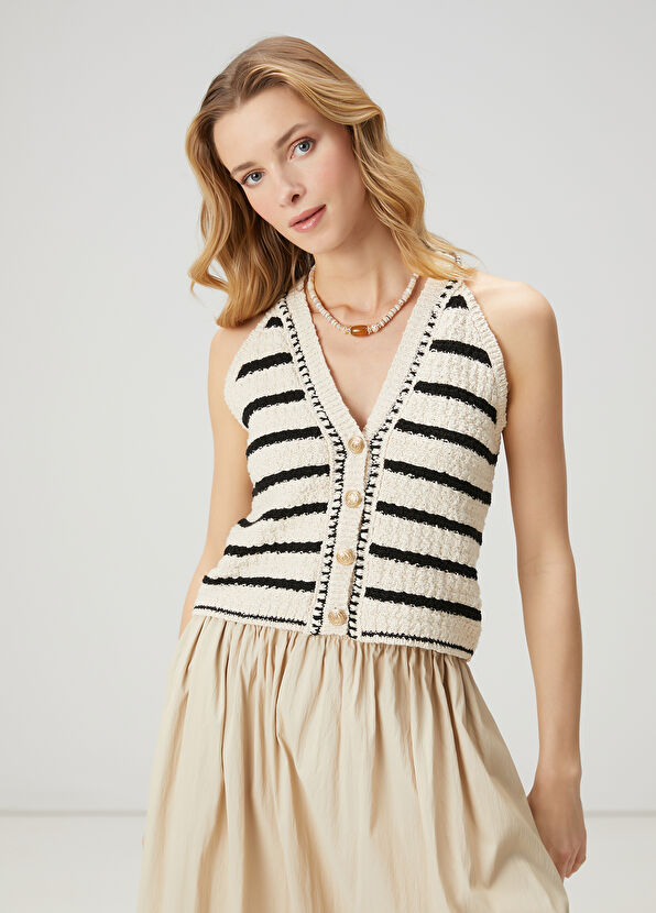 Beymen Club Ekru Siyah Çizgili Yelek - 4