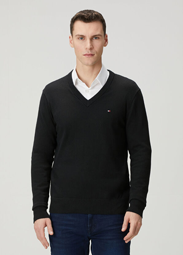 Tommy Hilfiger Siyah V Yaka Organik Pamuk Kazak - 1