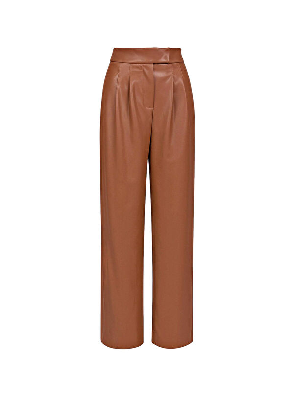 Rivus Tan Vegan Leather High Waist Wide Leg Maxi Length Pleated Women's Trousers - 1
