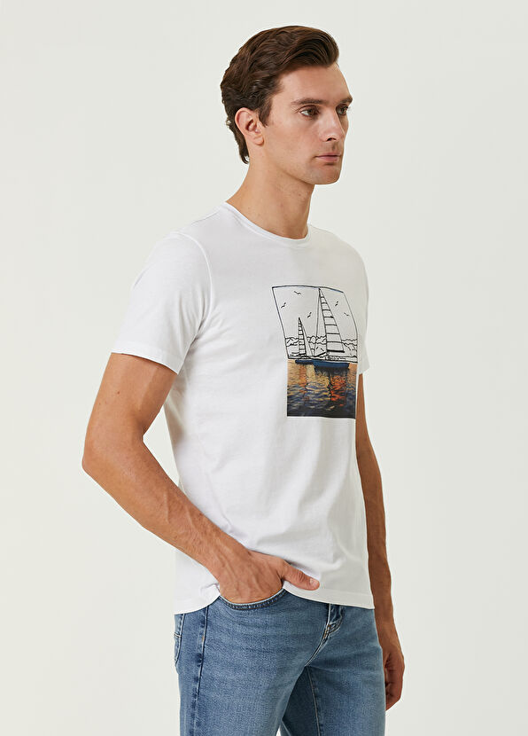 Beymen Club White Sea Printed Sail Embroidered T-Shirt - 4