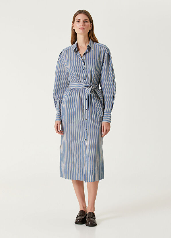 Brunello Cucinelli Mavi Çizgili Midi Gömlek Elbise - 2