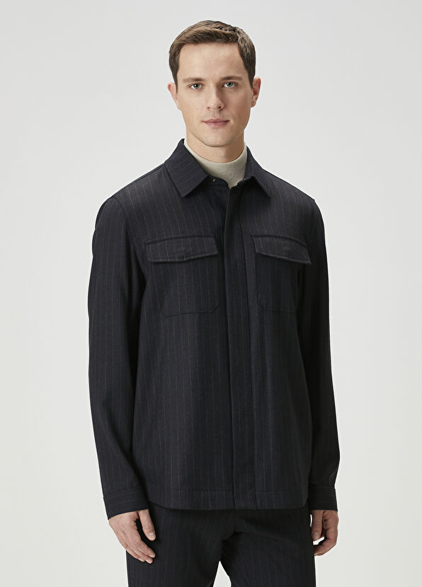 Beymen Club Antrasit Çizgi Desenli Yün Dış Gömlek - 3