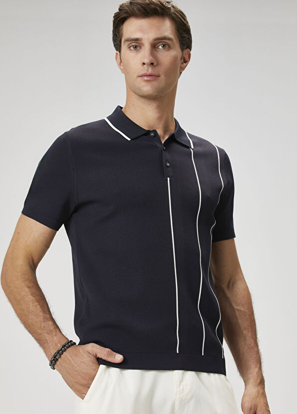 Beymen Club Navy Blue Line Jacquard Short Sleeve Polo Sweater - 2