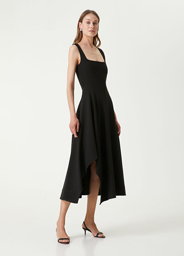 Siyah Asimetrik Etek Detaylı Midi Elbise - Görsel 5