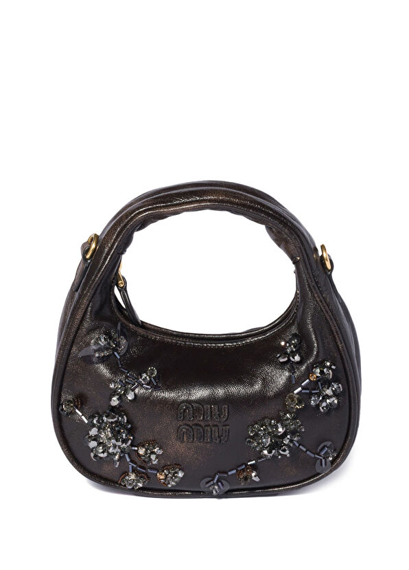 Miu Miu Wander İşlemeli Kahverengi Deri Kadın Mini El Çantası - 1