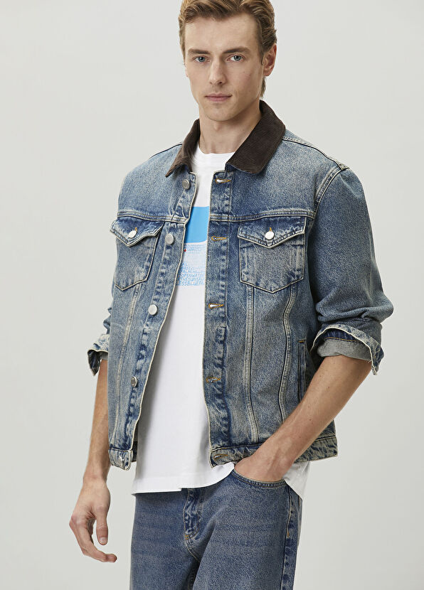 Beymen Club Blue Brown Suede Collar Denim Jacket - 3