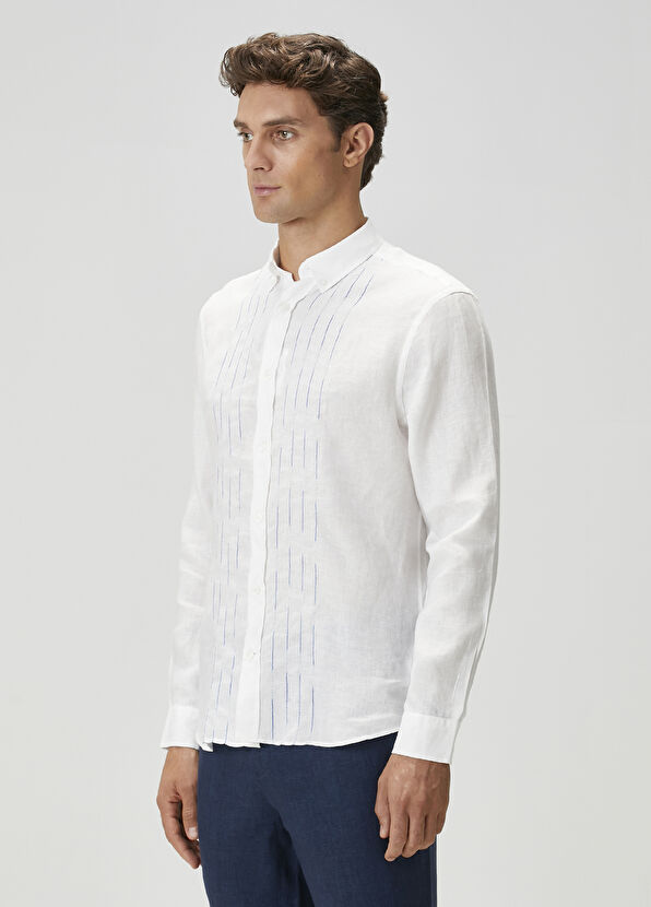 Beymen Club Comfort Fit White Embroidered Linen Shirt - 4