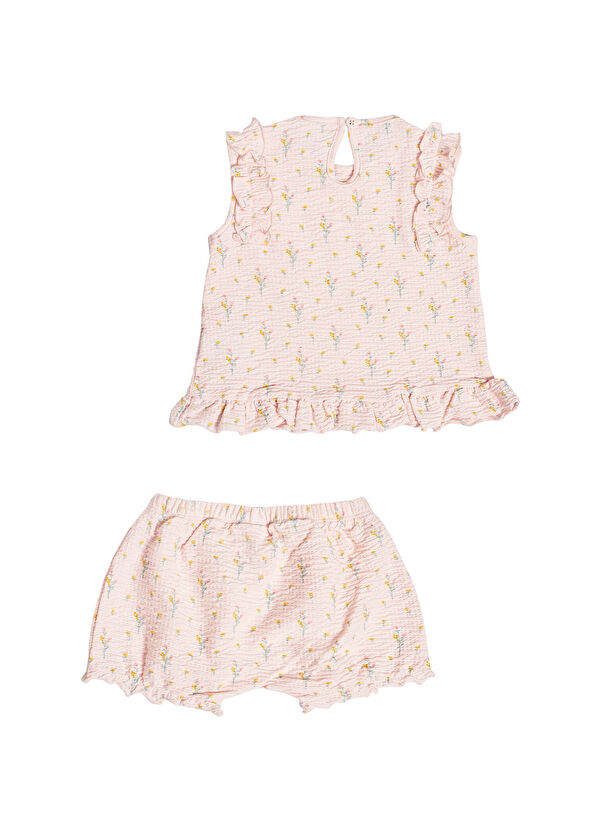 Çıtçıtlı Pembe Fırfırlı Kolsuz Bluz ve Şort Kız Bebek 2'li Set - Görsel 3