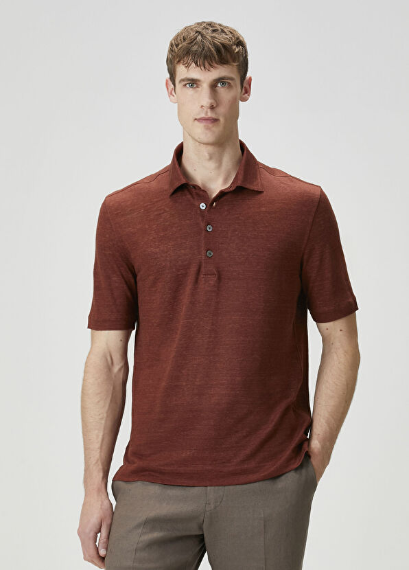 Zegna Kiremit Polo Yaka Keten T-shirt - 1