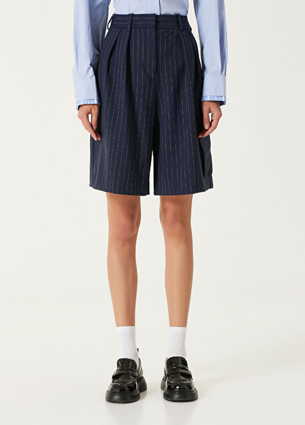 Maje Ivaldo Lacivert Çizgili Yün Bermuda - 2