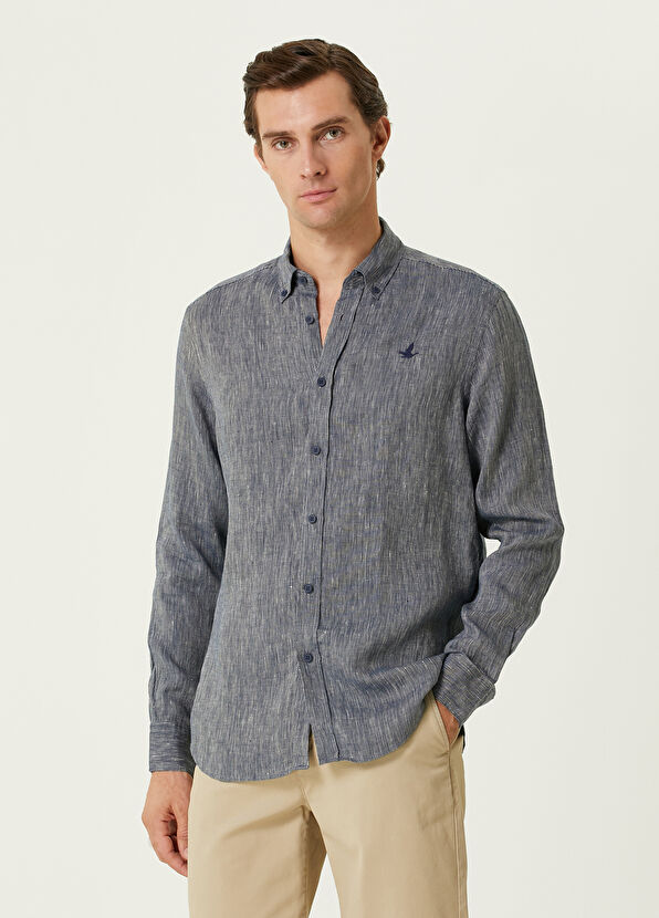 Beymen Club Comfort Fit Navy Blue White Linen Shirt - 1