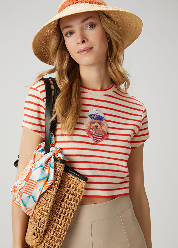 Beymen Club Ecru Striped Dog Appliqued T-Shirt - 1