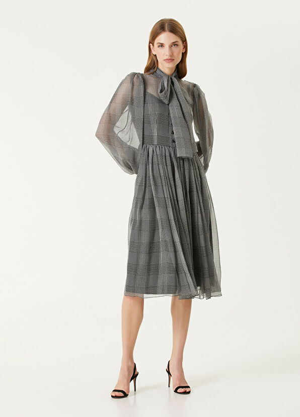 Dolce&Gabbana Koyu Gri Ekoseli Midi İpek Şifon Elbise - 2