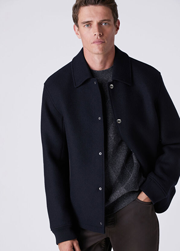 Beymen Club Navy Blue Diagonal Textured Wool Jacket - 1