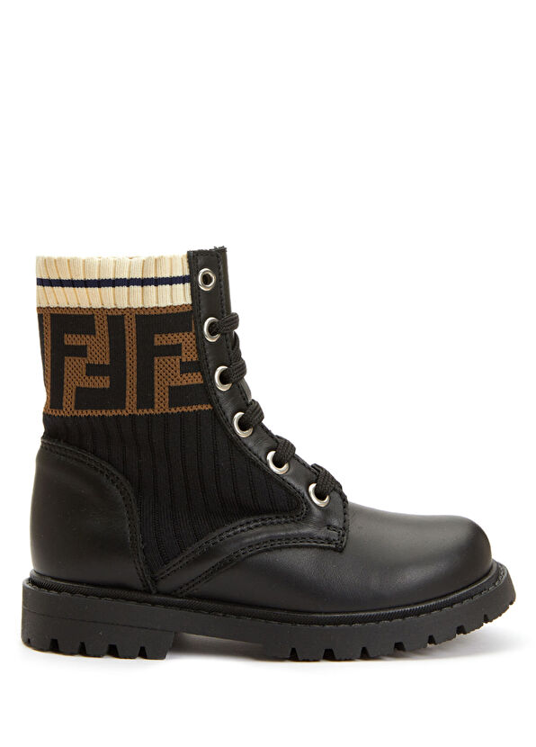 Fendi Siyah Kahverengi Logolu Unisex Çocuk Deri Bot - 1