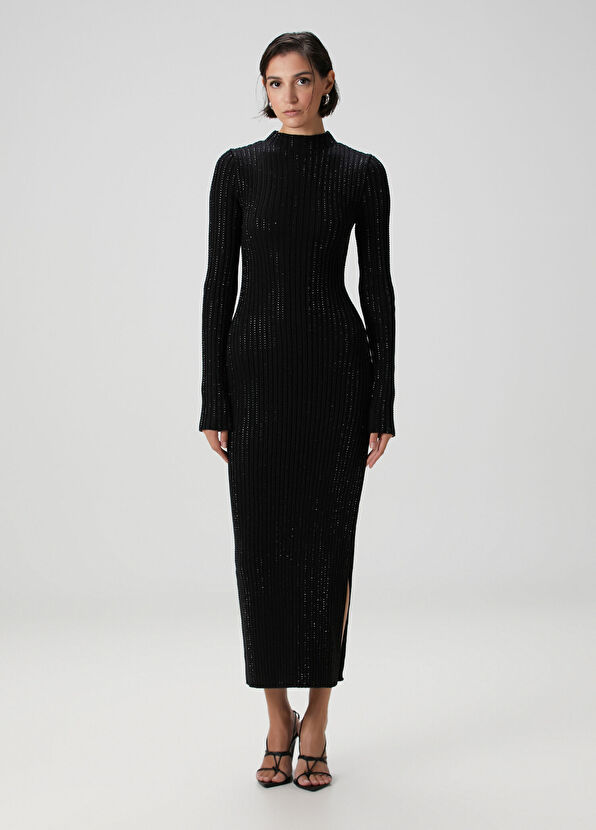 Siyah Taşlı Midi Elbise - Görsel 5