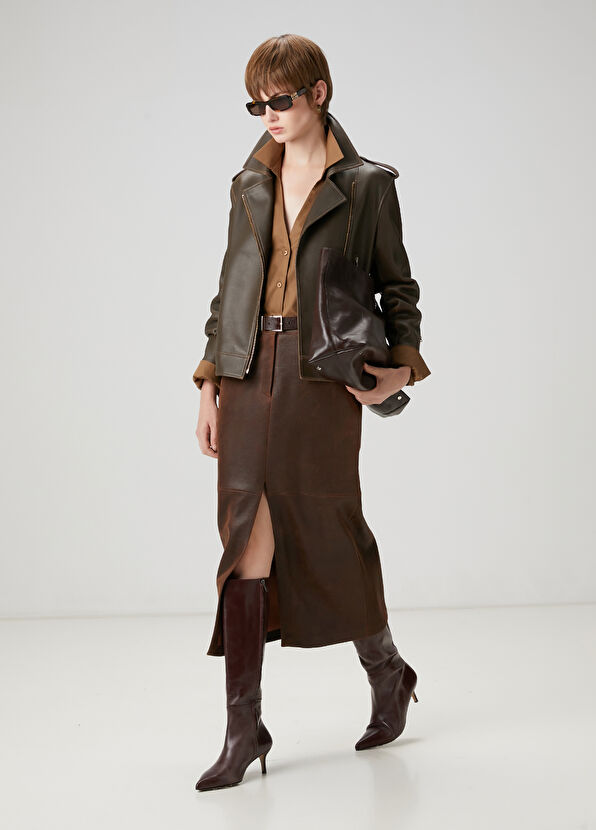 Beymen Club Kahverengi Midi Deri Etek - 1