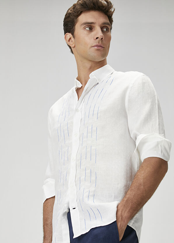 Beymen Club Comfort Fit White Embroidered Linen Shirt - 1