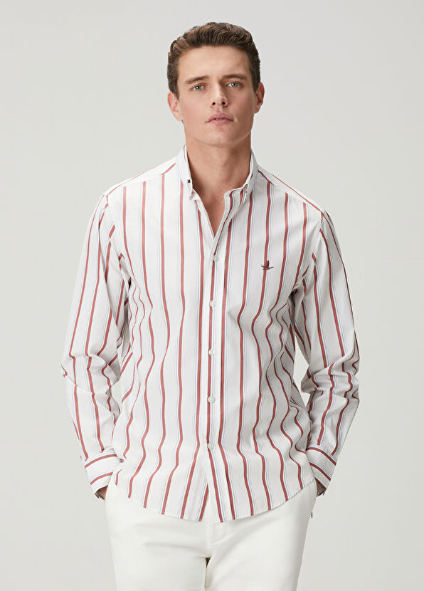 Beymen Club Comfort Fit Beyaz Bordo Çizgi Desenli Keten Gömlek - 1