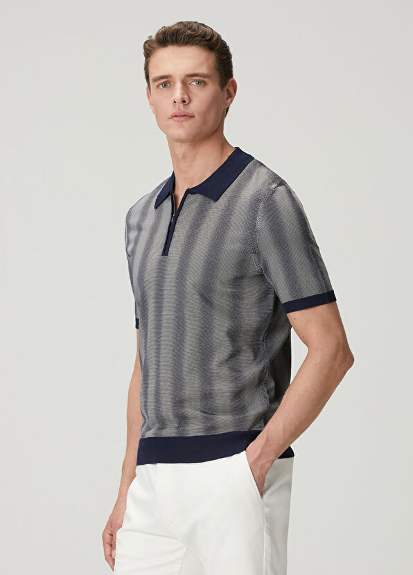 Beymen Club Lacivert Dağınık Çizgili Kısa Kollu Polo Triko - 4