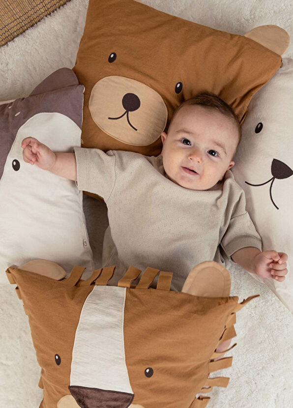 Little Gusto Tavşan Desenli Ekru Organik Pamuk Kare Süs Bebek Yastık - 2