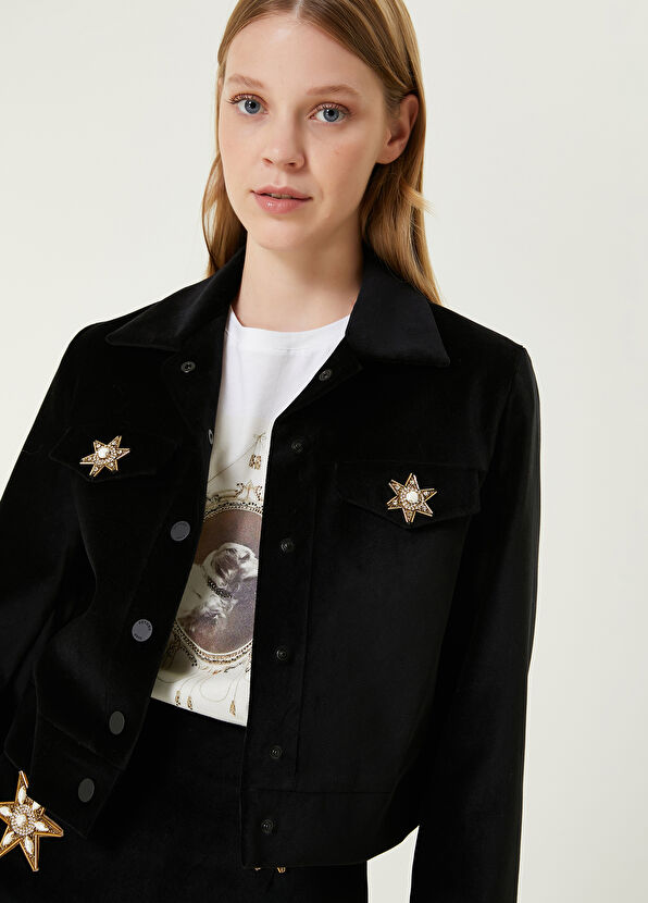 Beymen Club Siyah Taşlı Aksesuarlı Kadife Trucker Ceket - 3