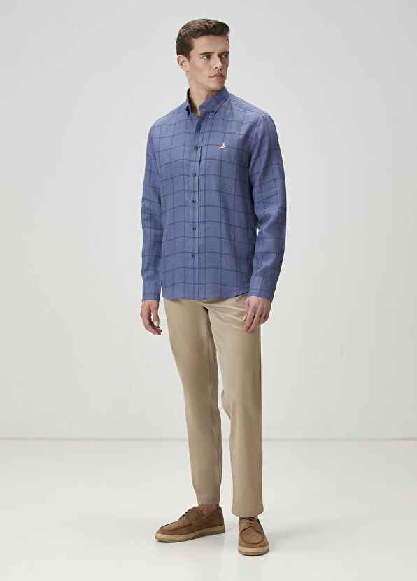 Beymen Club Comfort Fit Indigo Ekose Desenli Keten Gömlek - 3