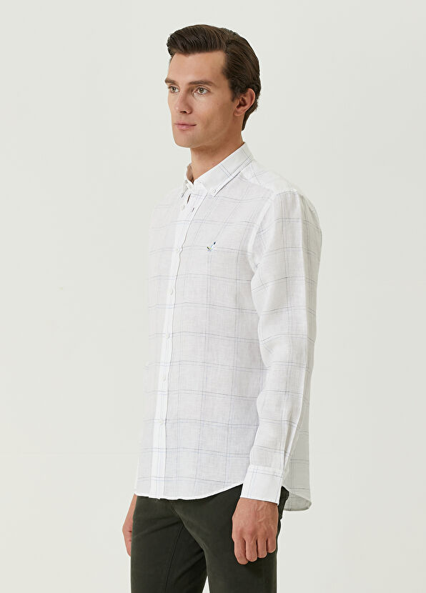 Beymen Club Comfort Fit Blue White Plaid Patterned Linen Shirt - 4