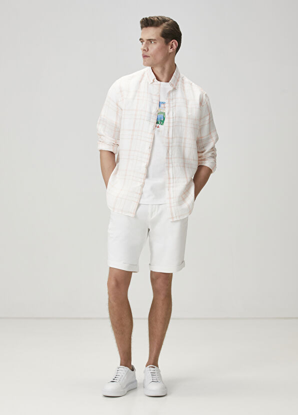 Beymen Club Comfort Fit Orange White Plaid Linen Shirt - 3