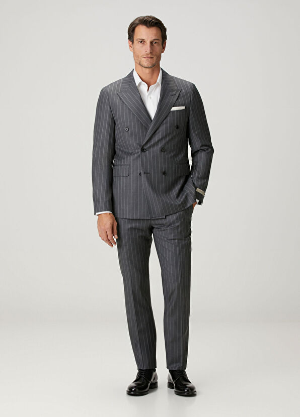 Drop 7 Gri Çizgi Desenli Yün Kruvaze Takım Elbise - Görsel 3