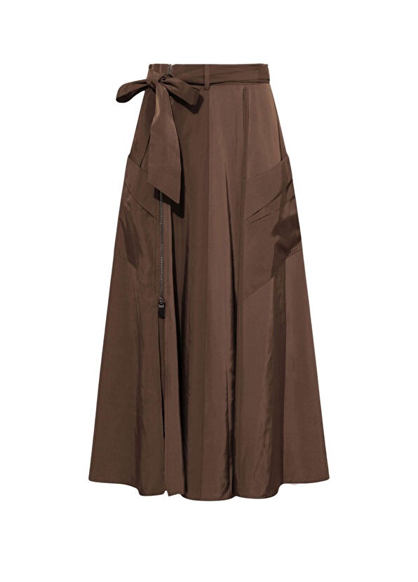 Rivus Brown Waist Belted Zippered Slit Detailed Pocket Women's Skirt - 1