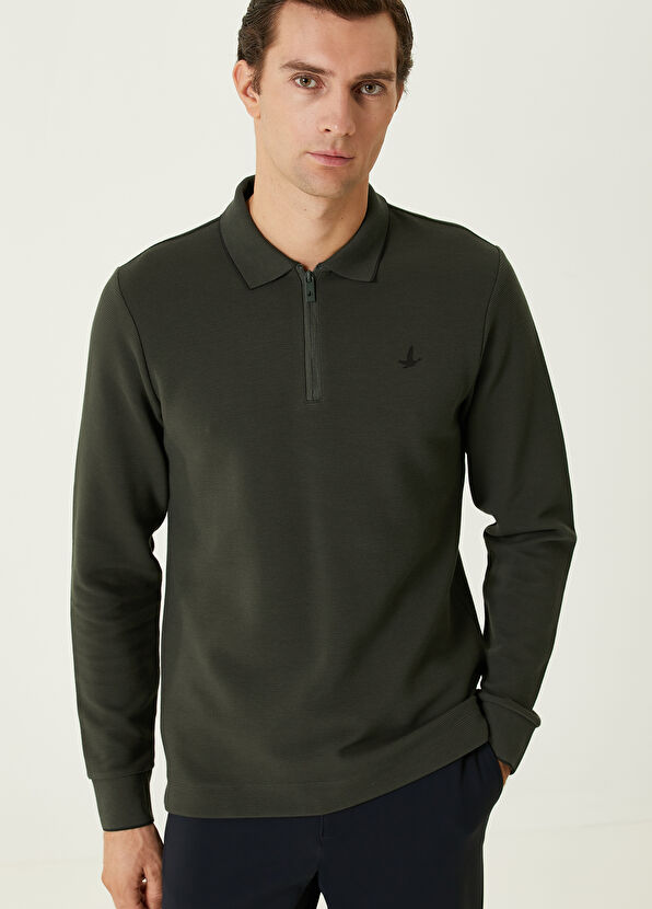 Beymen Club Slim Fit Khaki Ottoman Textured Polo Sweatshirt - 2