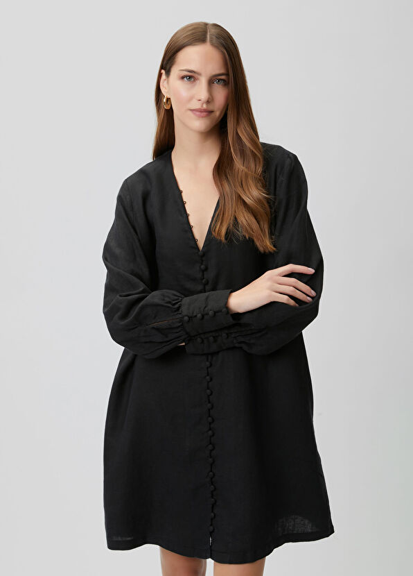 Beymen Club Oversize Siyah Kısa Keten Elbise - 3