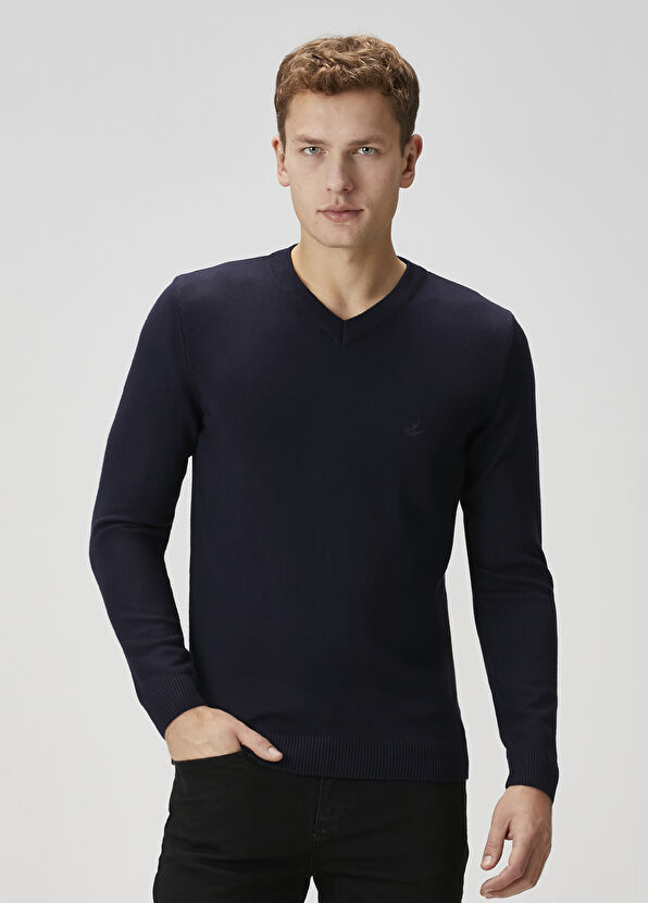 Beymen Club Navy Blue V-Neck Logo Embroidered Sweater - 1