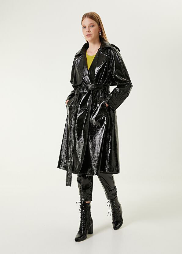Beymen Club Black Jersey Hooded Patent Trench Coat - 2