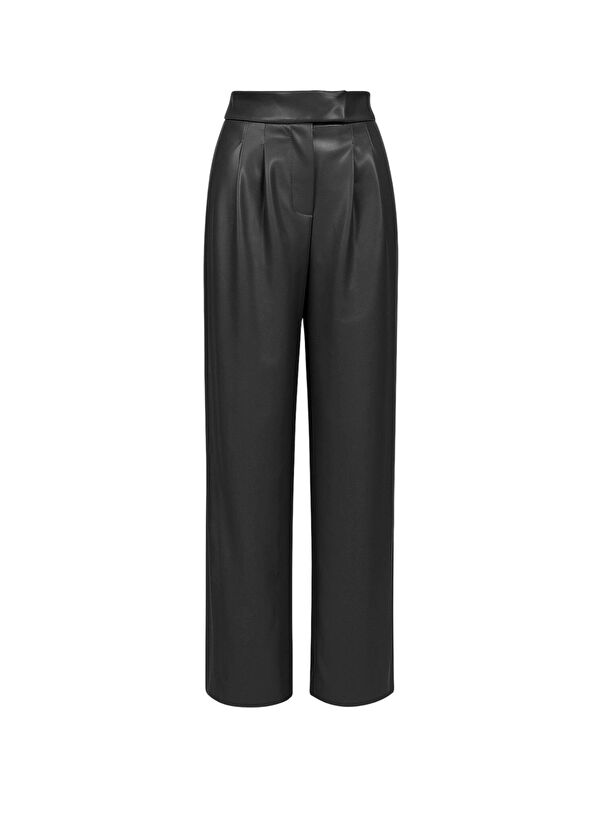 Rivus Black Vegan Leather High Waist Wide Leg Maxi Length Pleated Women's Trousers - 1