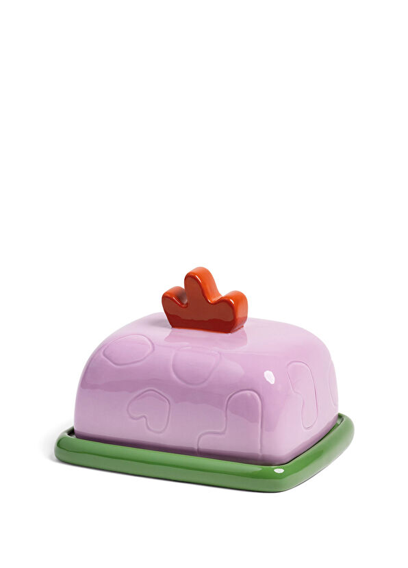 KLEVERING Pembe Desenli Kapaklı Tereyağ Tabağı - 1