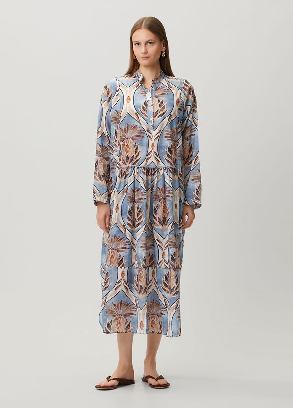 Nefes İstanbul India Artichoke Flower Denim Mavi Midi Elbise - 1