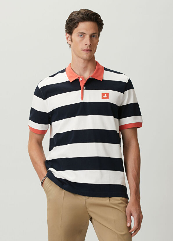 Beymen Club Comfort Fit Navy Blue White Polo Striped T-Shirt - 2