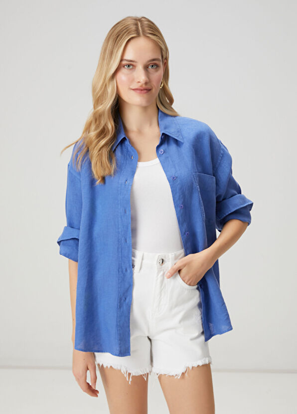 Beymen Club Oversize Blue Linen Shirt - 1
