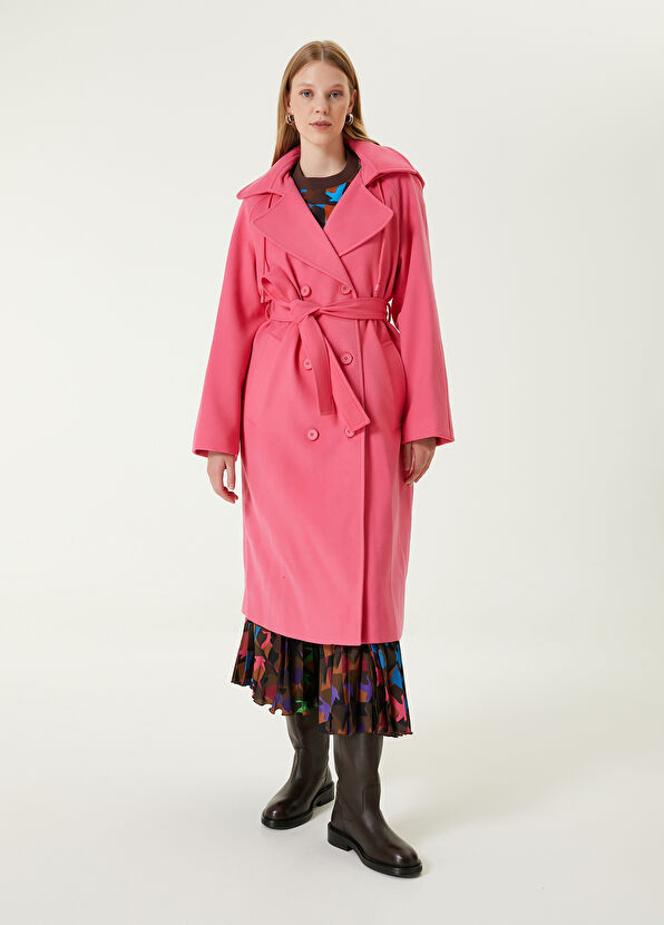 Beymen Club Fuşya Kapüşonlu Kruvaze Kaşe Pardösü - 4